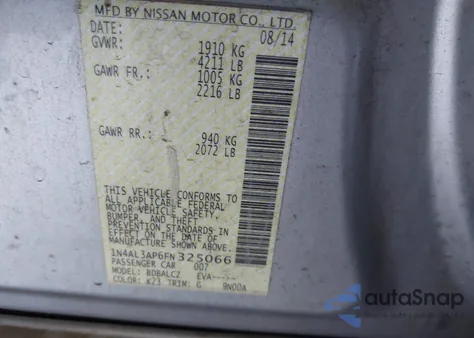 2015 Nissan Altima 2.5 from USA, damaged, VIN 1N4AL3AP6FN325066